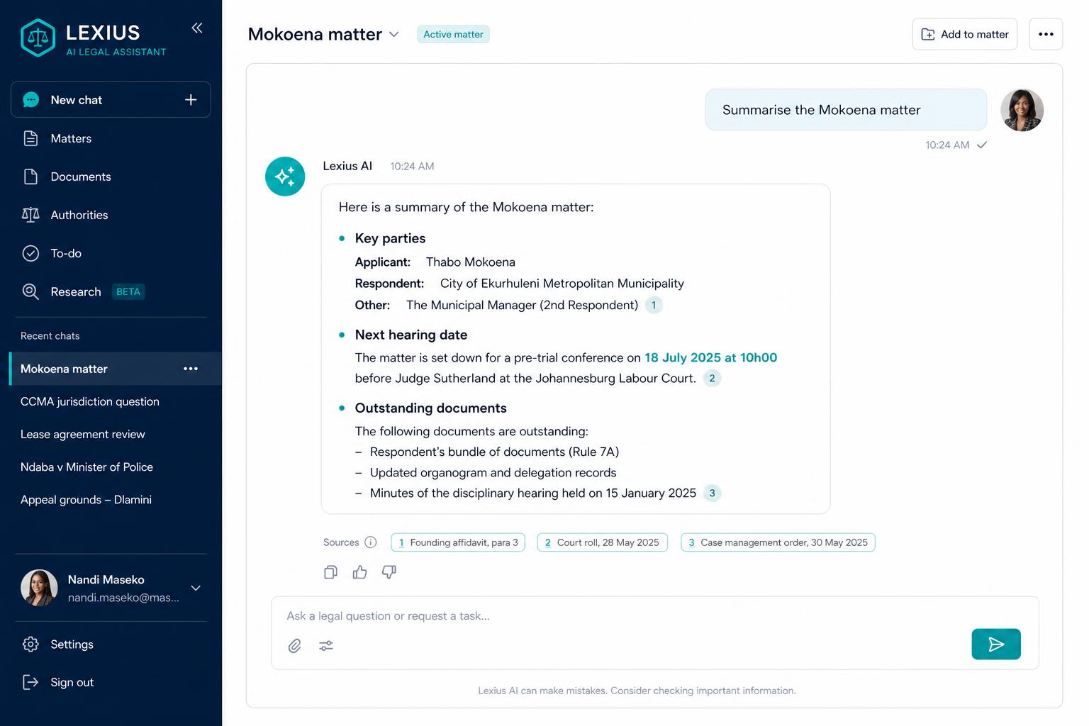 AI Assistance screen in Akili Legal360