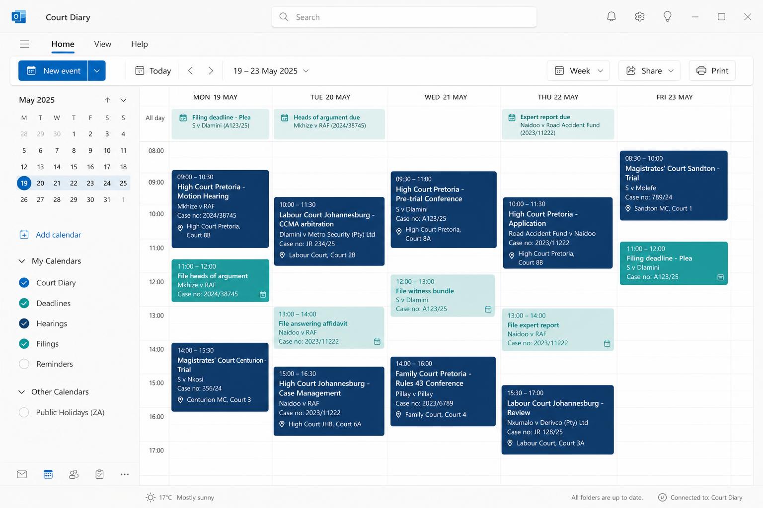 Court Diary screen in Akili Legal360