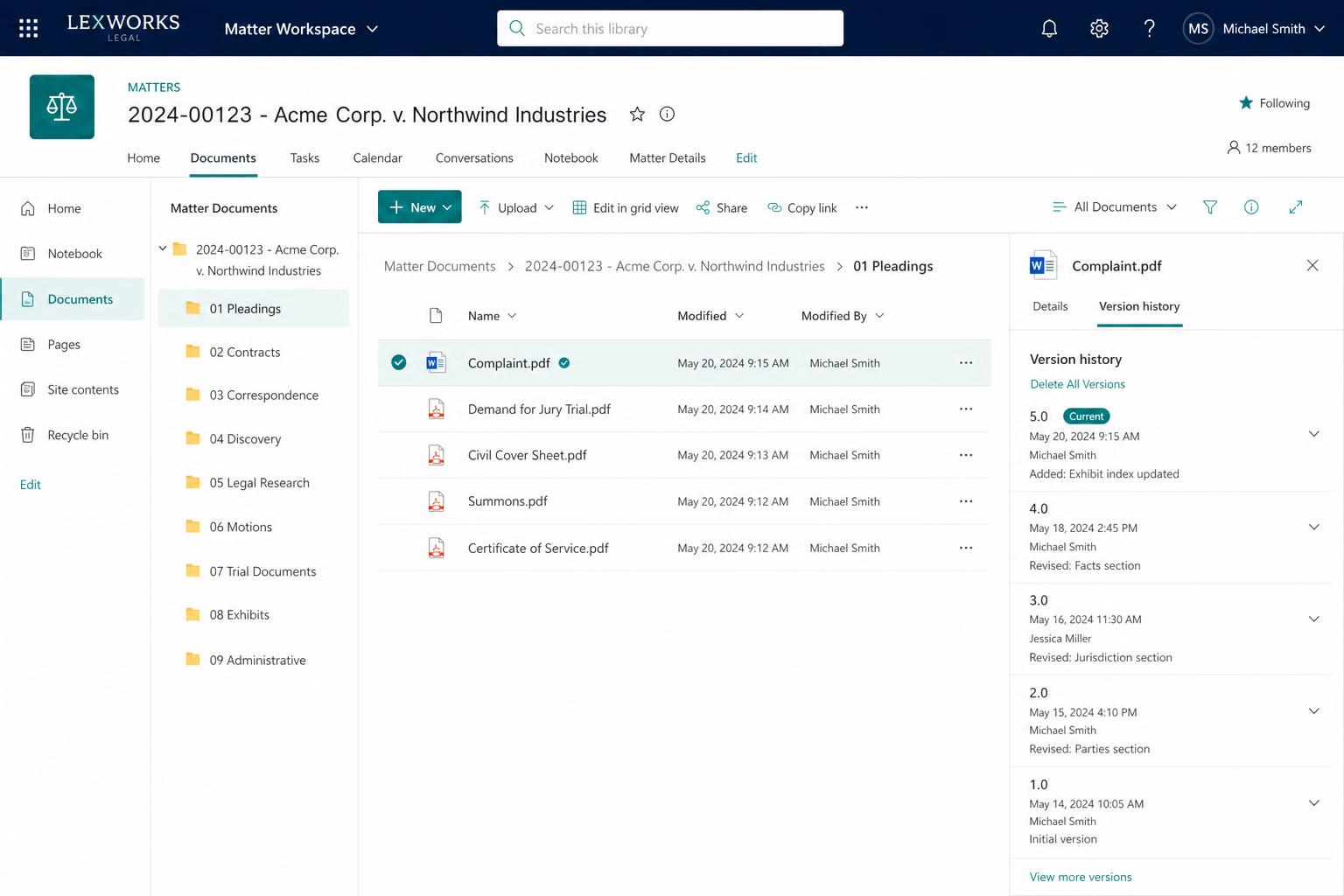 Document Management screen in Akili Legal360