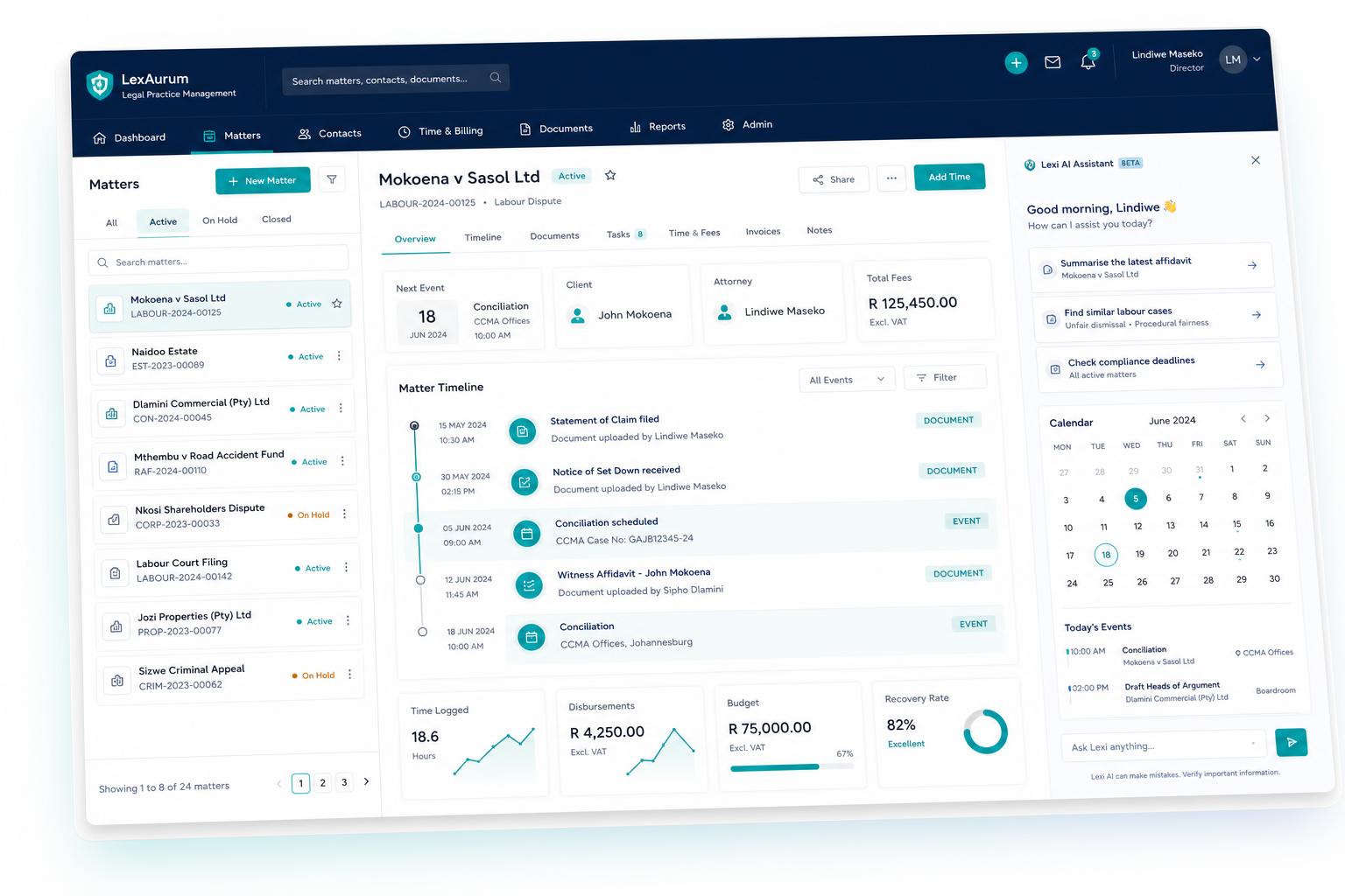Akili Legal360 matter dashboard with AI assistant and court calendar